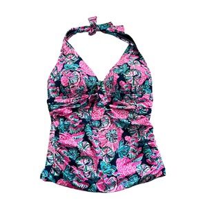 Lilly Pulitzer Floral Halter Tankini Top Swimsuit Ruched Pink Blue Size 6